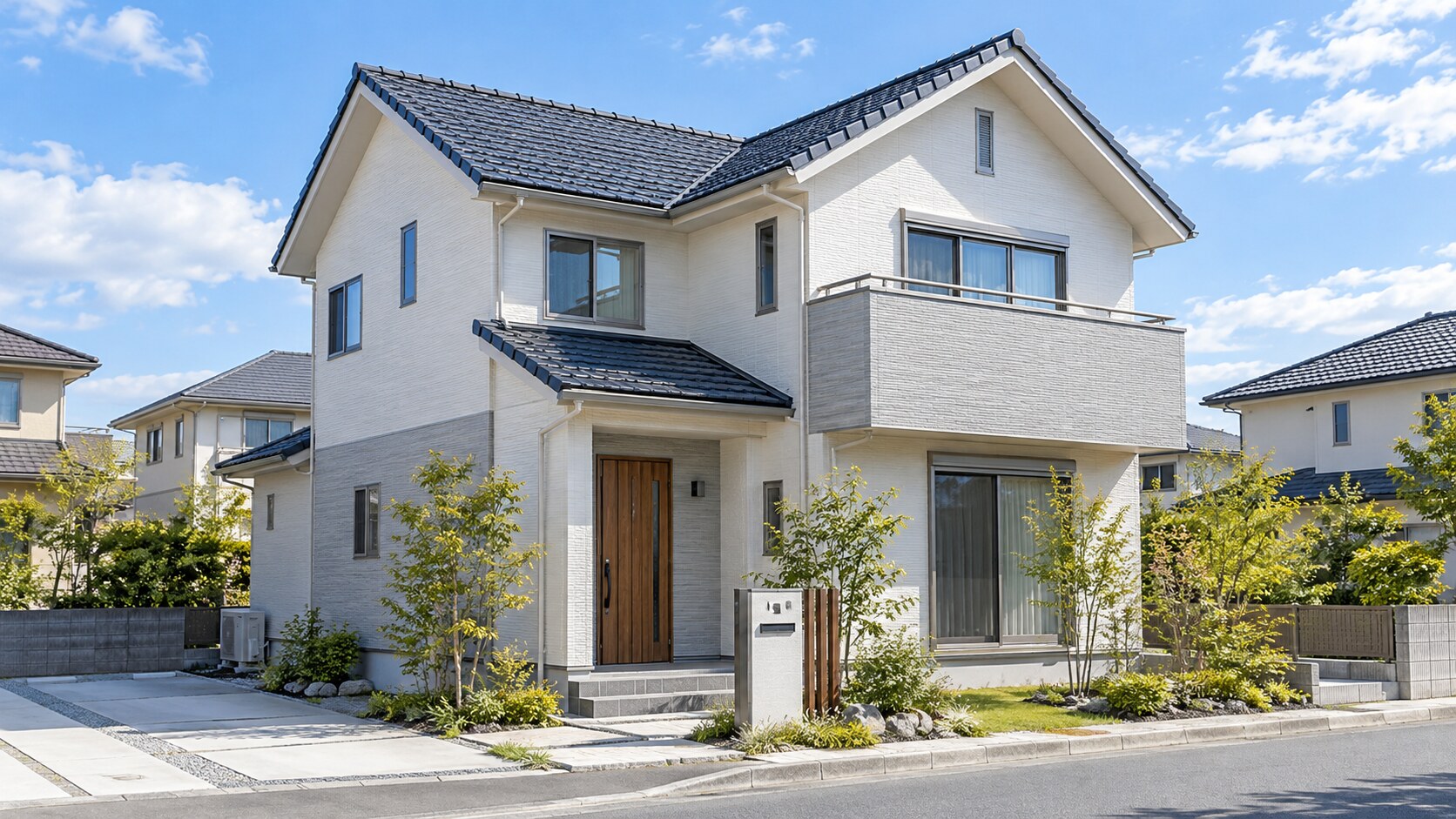 白い外壁と濃いグレーの勾配屋根を備えた戸建て住宅のイメージ